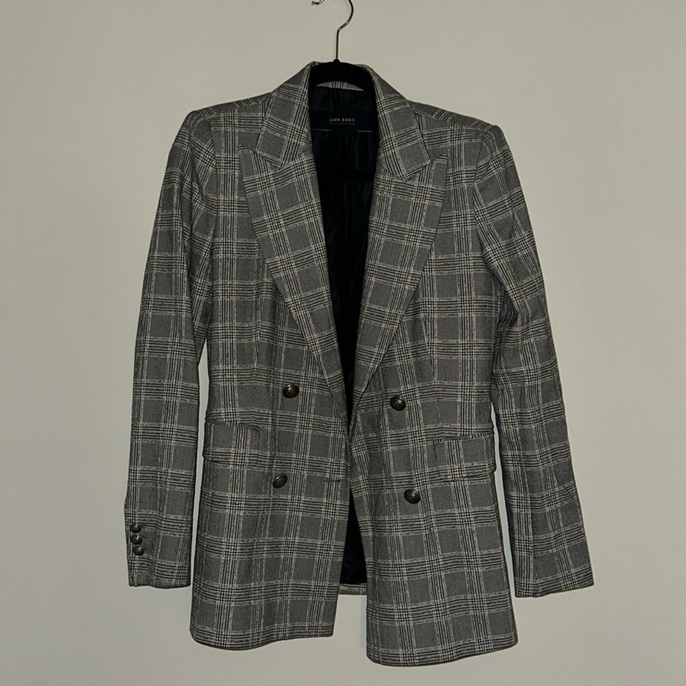 Zara slightly oversized double breasted plaid blazer